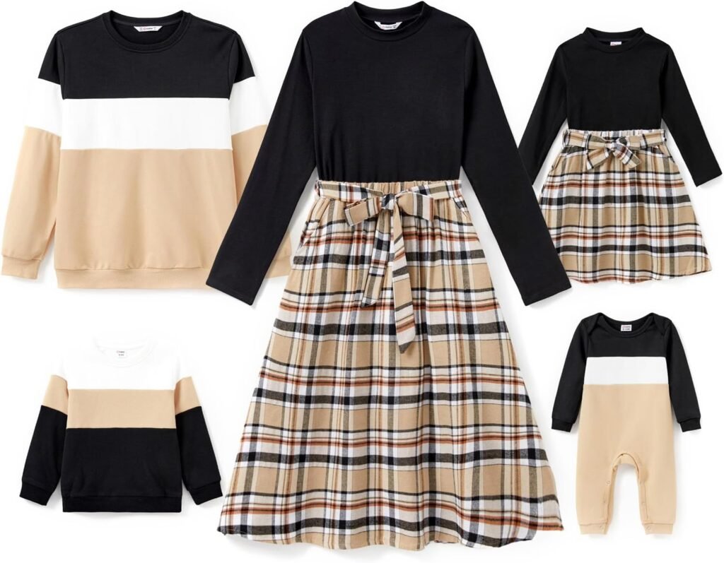 PATPAT Family Matching Outfits Long Sleeve Dress Brown Color Block Sweater Dress Party Dress and Sweatshirt Sets