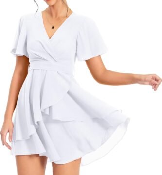 PCEAIIH Women’s Cocktail Dresses Short Sleeve Empire Skater Dress Deep V-Neck Waist Tie Ruffle Mini Swing Dresses