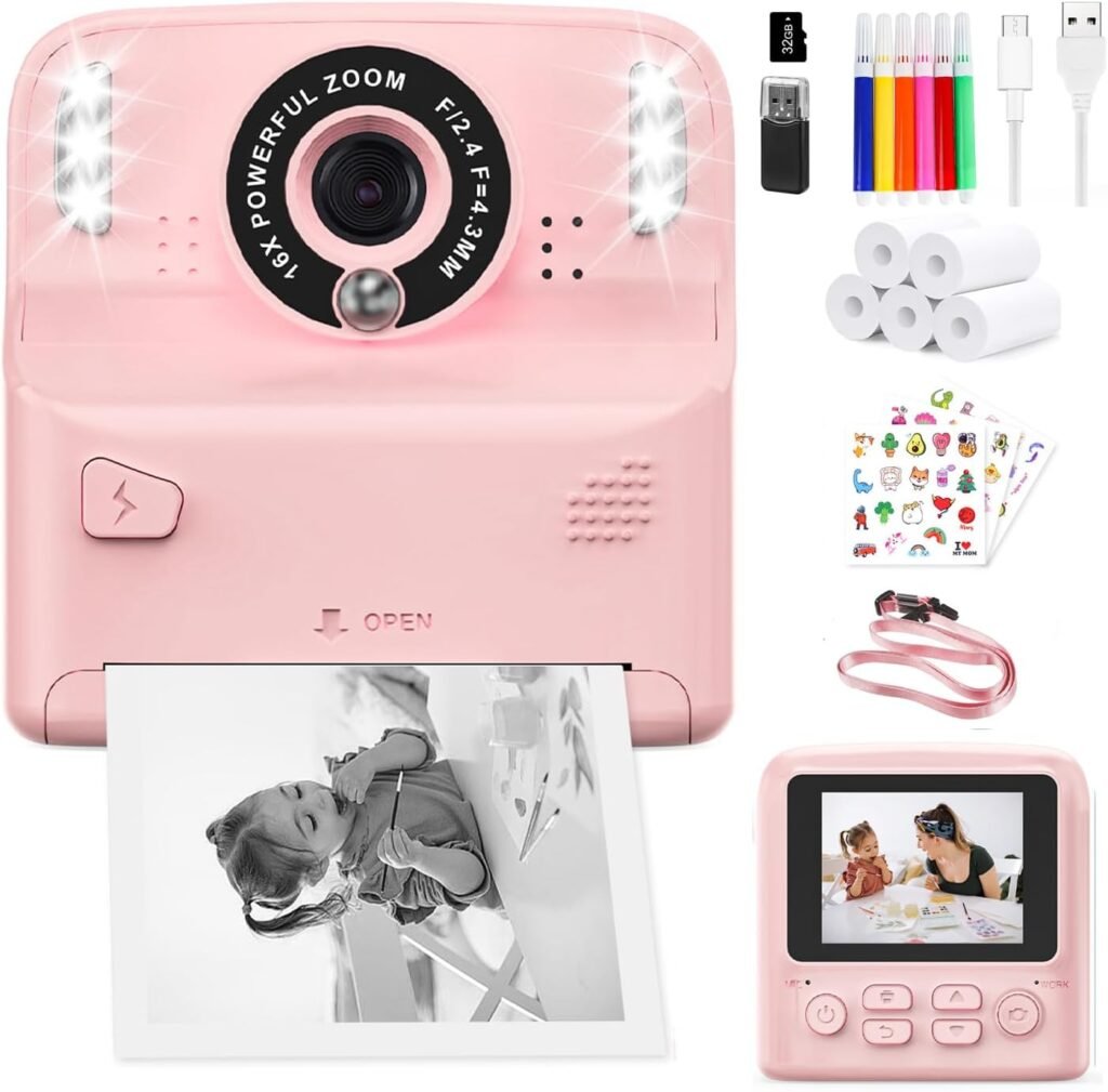 PHNIXGAM Kids Instant Print Camera with 2 Flash Lights, Children Selfie Digital Camera with 2.4 Inch Screen, 32GB Card, 5 Rolls Print Paper for Age 3-12 Girls Gifts Travel (Pink)