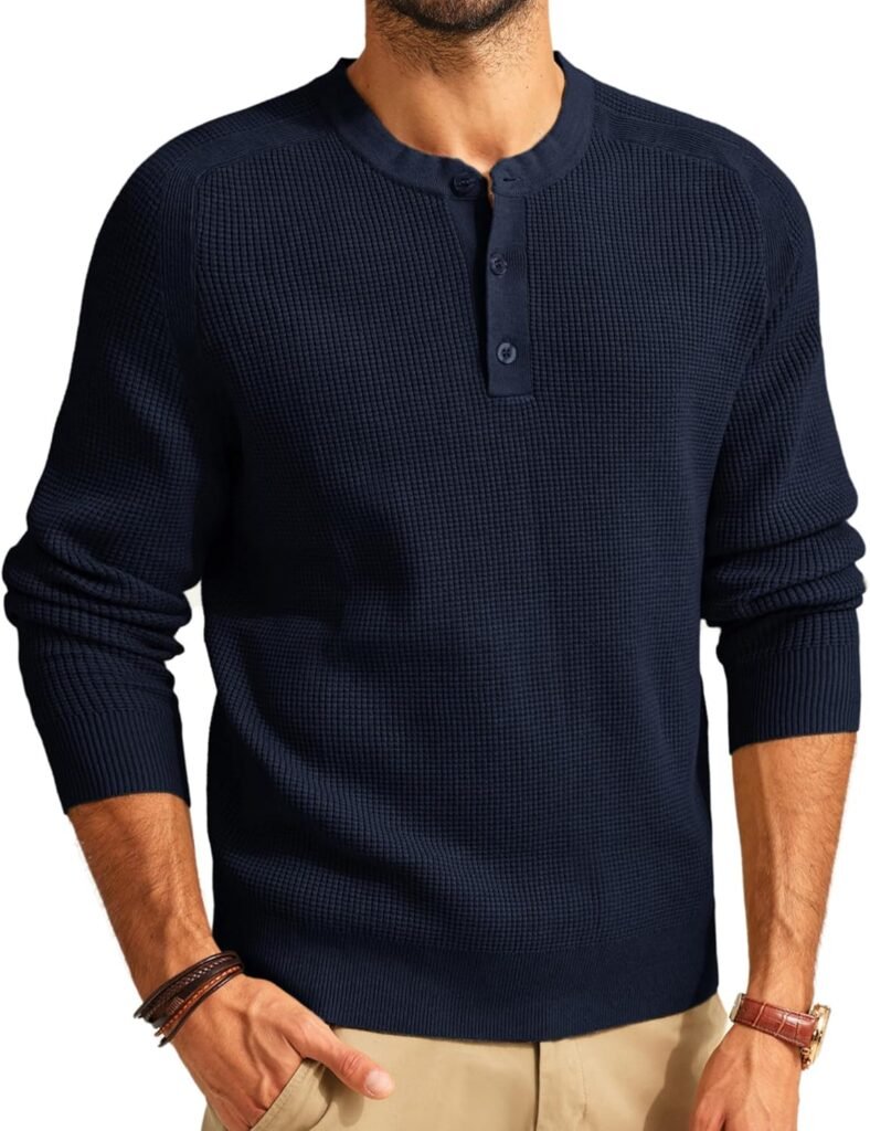 PJ PAUL JONES Men’s Jumpers Crew Neck Sweater Henley Long Sleeve Waffle Lightweight Jumpers