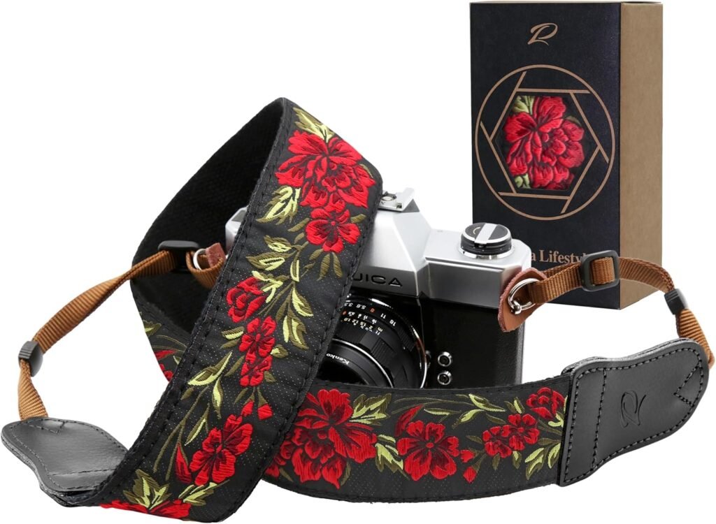 Padwa Lifestyle Rose Flower Camera Strap – 2″ Wide Cowhide Head, Embroidered Cotton Woven Vintage Camera Straps,Universal Neck & Shoulder Strap for All DSLR Cameras and Men & Women Photographers