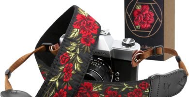 Padwa Lifestyle Rose Flower Camera Strap – 2″ Wide Cowhide Head, Embroidered Cotton Woven Vintage Camera Straps,Universal Neck & Shoulder Strap for All DSLR Cameras and Men & Women Photographers