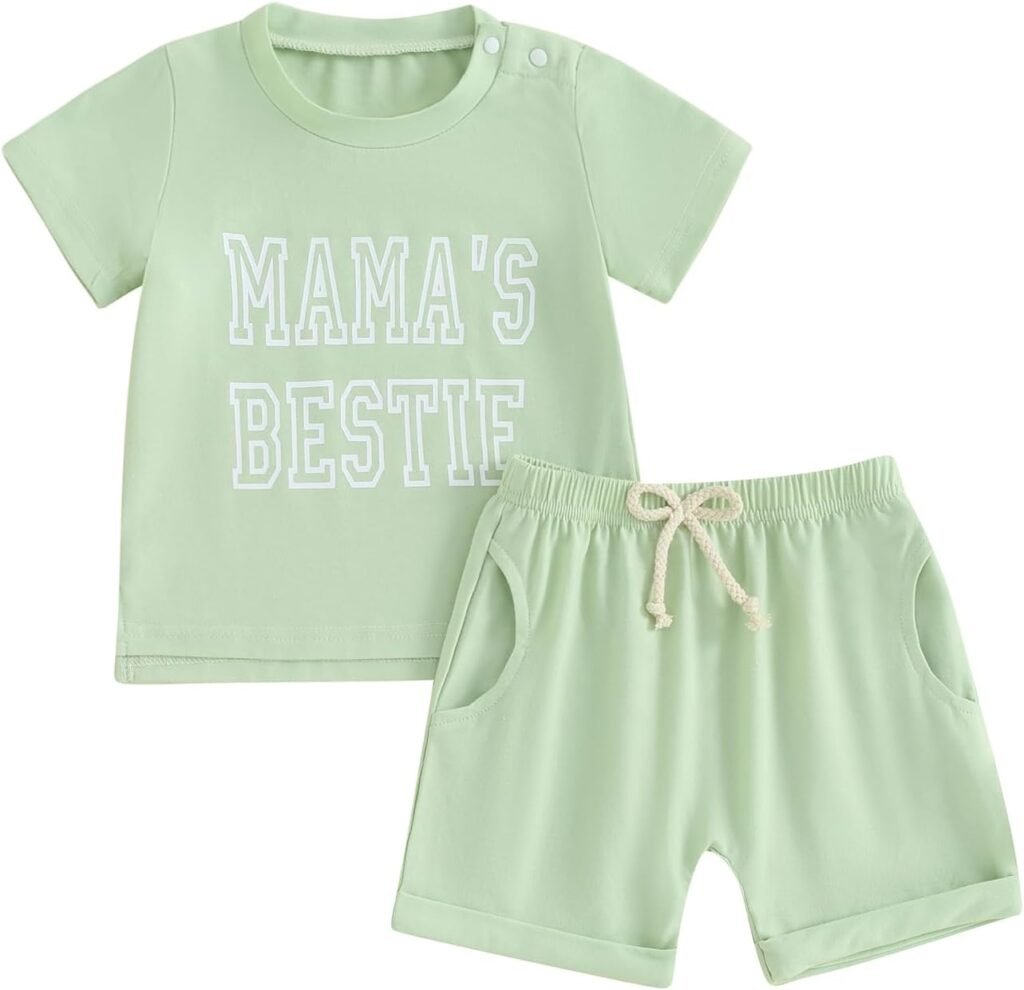 PanLidapan Toddler newborn baby girl boy summer outfit clothes mama ‘s bestie tee shirt top elasticated waist shorts set PanLidapan Toddler newborn baby girl boy summer outfit clothes mama ‘s bestie tee shirt top elasticated waist shorts set