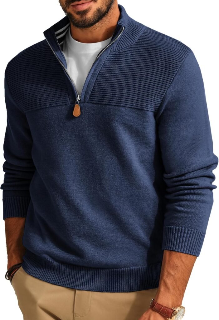 PaulJones Men’s Quarter Zip Jumpers Casual Knitted Jumper Mock Neck Polo Sweaters Golf Jumpers