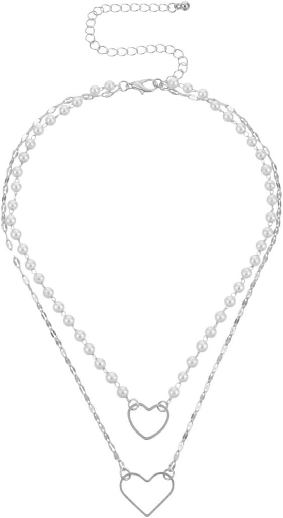 Pearl Layered Choker Necklace Hollow Love Heart Pendant Necklace Geometric Chain Jewelry for Women Girls Teens (Silver) Pearl Layered Choker Necklace Hollow Love Heart Pendant Necklace Geometric Chain Jewelry for Women Girls Teens (Silver)