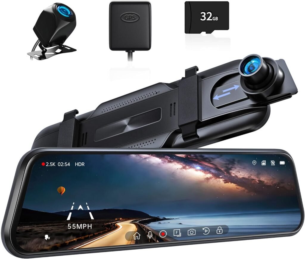 Pelsee P10 2.5K Rear View Mirror Camera, 10” Mirror Dash Cam Smart Driving Assistant w/ADAS and BSD, Free 32GB Card&GPS, Front and Rear Camera for Cars Trucks,Night Vision,Voice Control,Parking Mode