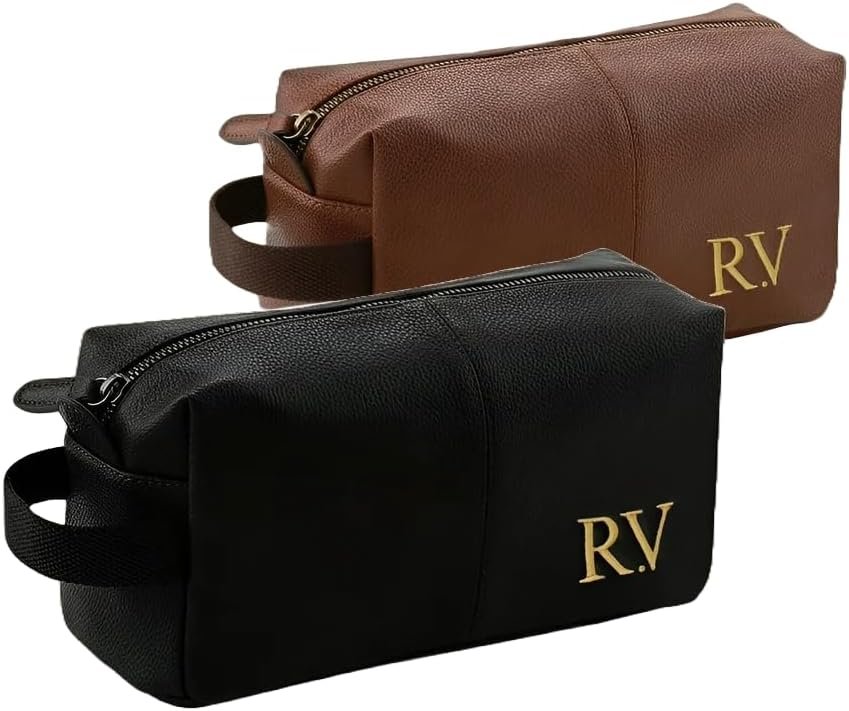 Personalised Embroidered Men’s Leather Wash Bag with Strap, Black or Brown, Leather Toiletry Bag Embroidered with Initials