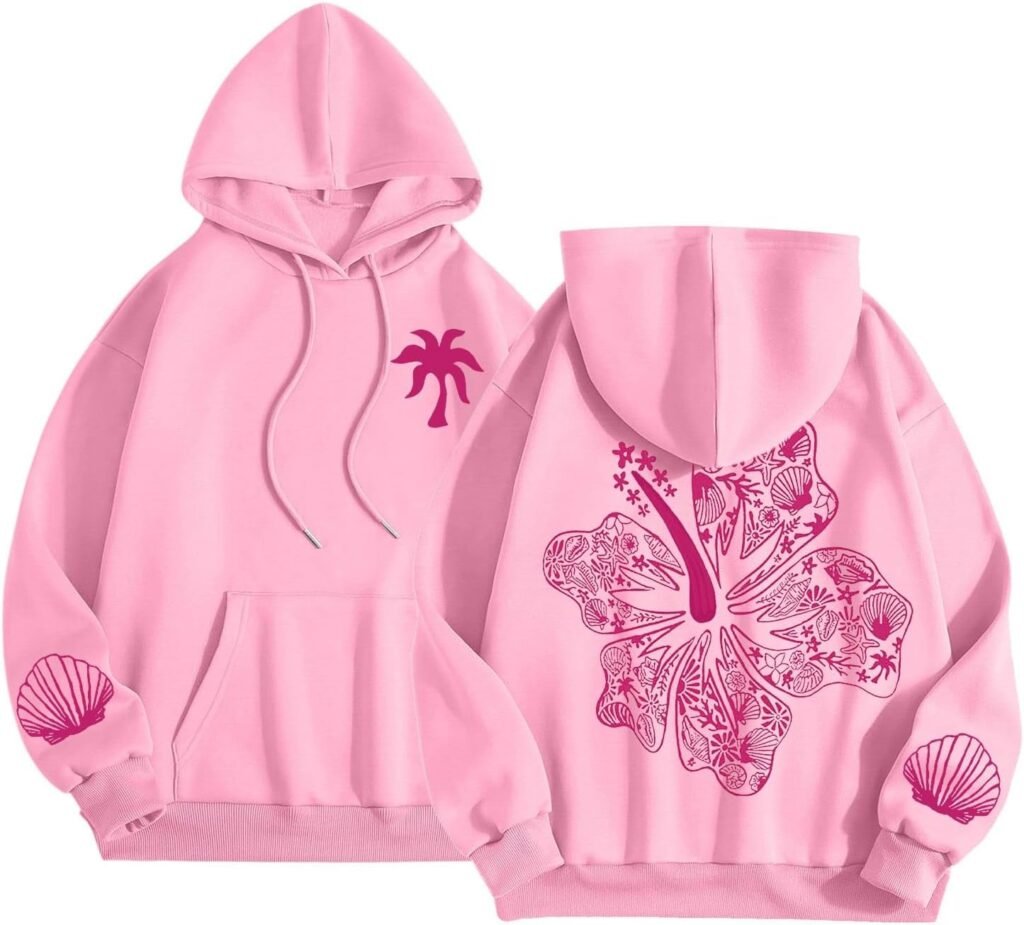 Pink Palm Puff Hoodie Women Graphic Hoodies Oversized Sweatshirt for Women Teen Girls Letter Print Preppy Clothes Fleece Sweaters Drawstring Long Sleeve Winter Fall Outfits Y2k Clothes