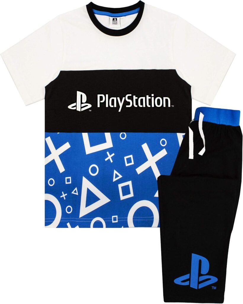 PlayStation Pyjamas For Boys | Children & Teens Logo T-Shirt & Loungepants PJ Set | Kids Cotton Blue, White & Black Sleepwear Gamer Gift Set