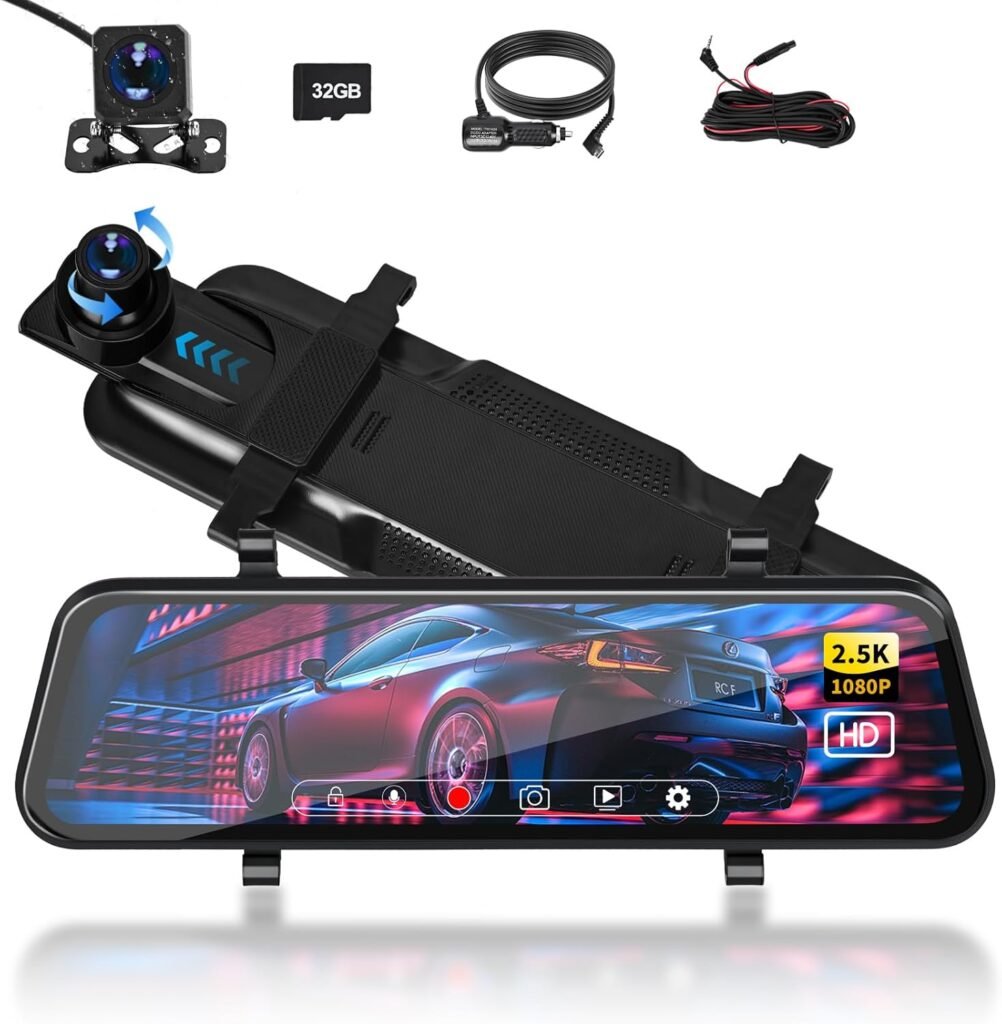 Podazz Mirror Dash Cam, 10” Full Touch Screen Dual Dash Cam 2.5K Front and Rear Camera with 32GB SD Card, Super Night Vision, 170°Wide Angle, Parking Assistance, Loop Recording Dash Camera for Cars