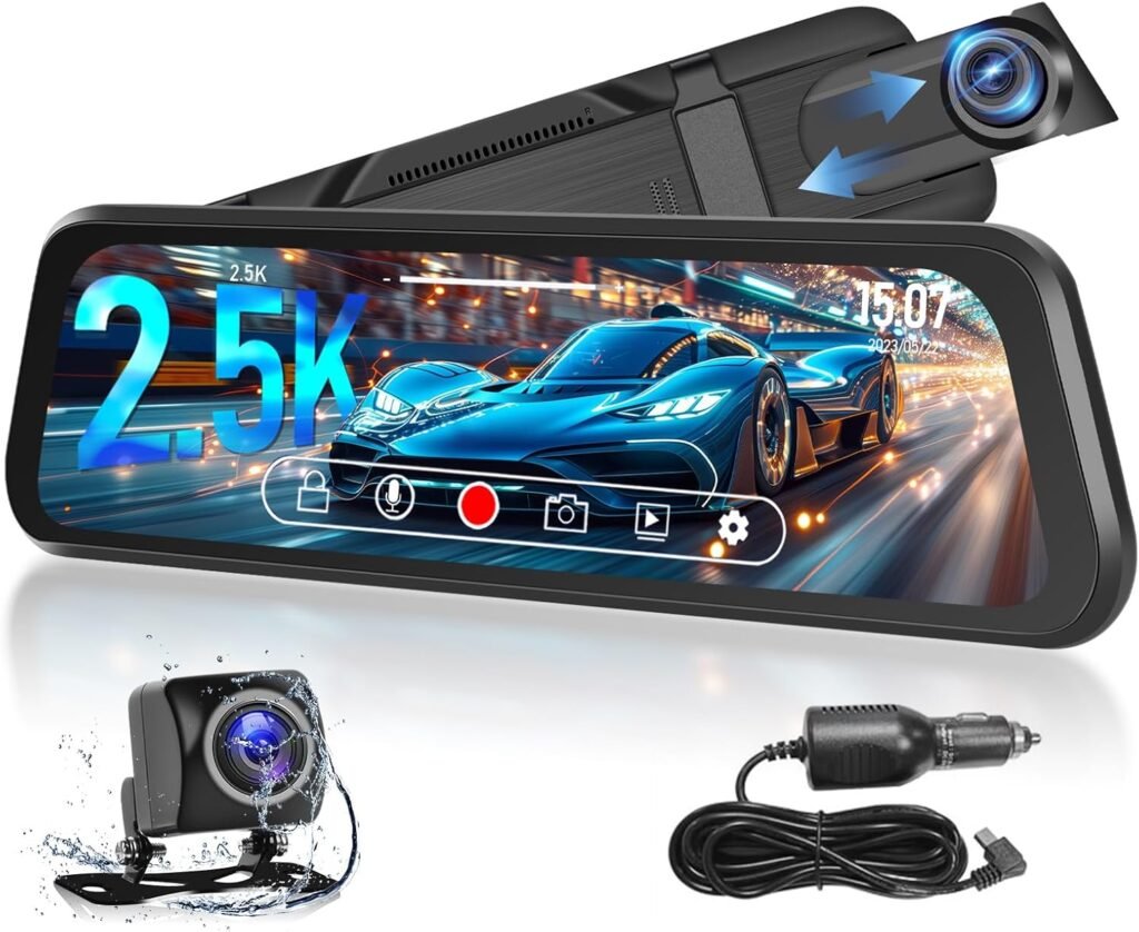 Podofo 2.5K Mirror Dash Cam, 10″ Smart Rear View Mirror Camera with Parking Monitor, Reverse Assist, G-Sensor, 150° Angle, Full 2.5D HD Touch Screen Smart Rear View Mirror 1080P Backup Camera