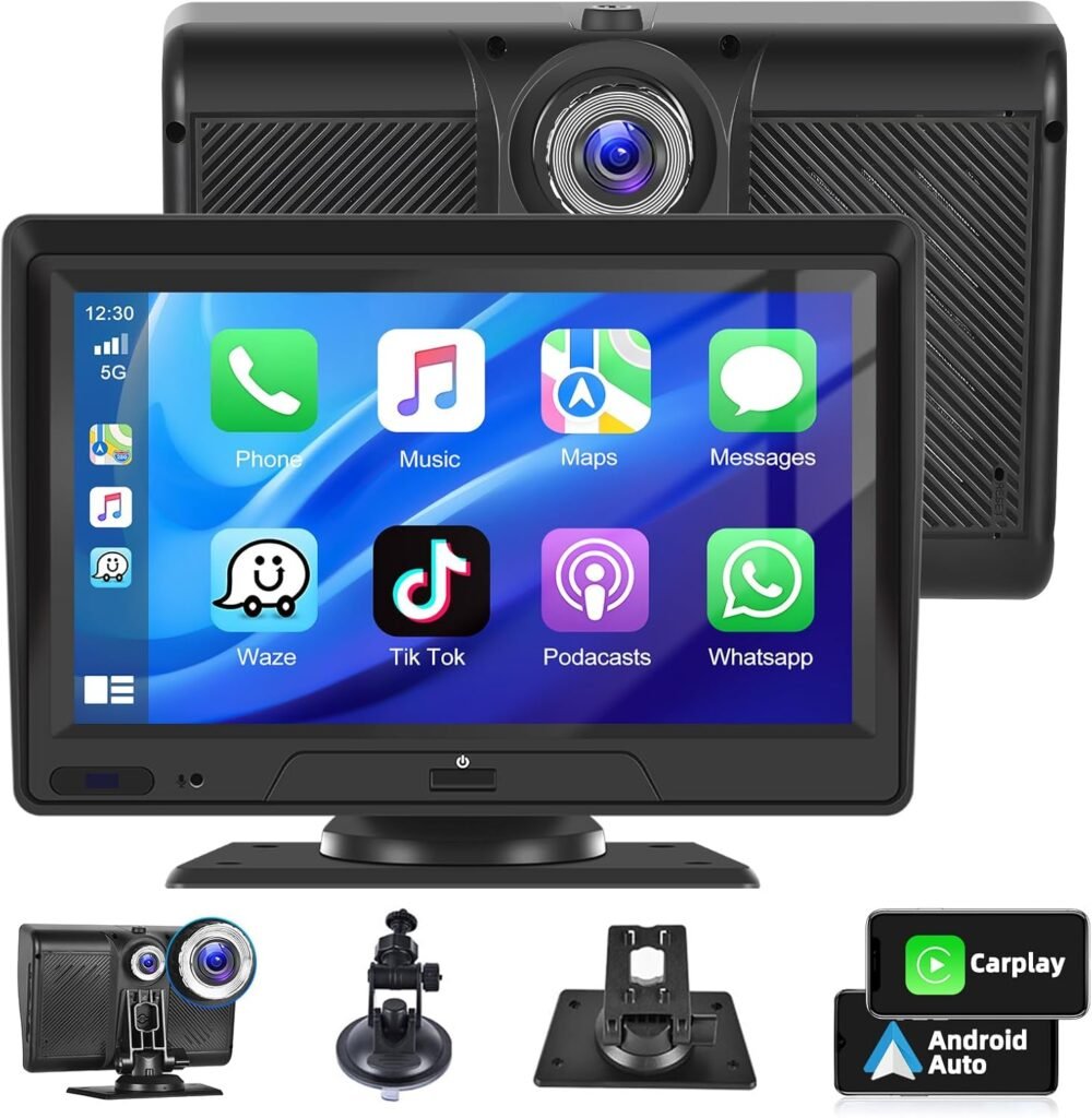 Podofo Wireless CarPlay Android Auto with 2.5K Front Dash Cam-Car Stereo 7″ IPS Touchscreen Radio CarPlay Screen for Car Fits Apple Carplay&Android Auto,Car Audio with Bluetooth/AUX/FM/Voice Control