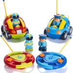 Prextex Remote Control Cars for Kids Age 3 and Up – 2-Pack Cartoon RC Car Police and Race Kids Toys – Realistic Sirens, Honking Sounds, and Flashing Headlights – Ideal Stocking Fillers for Toddlers