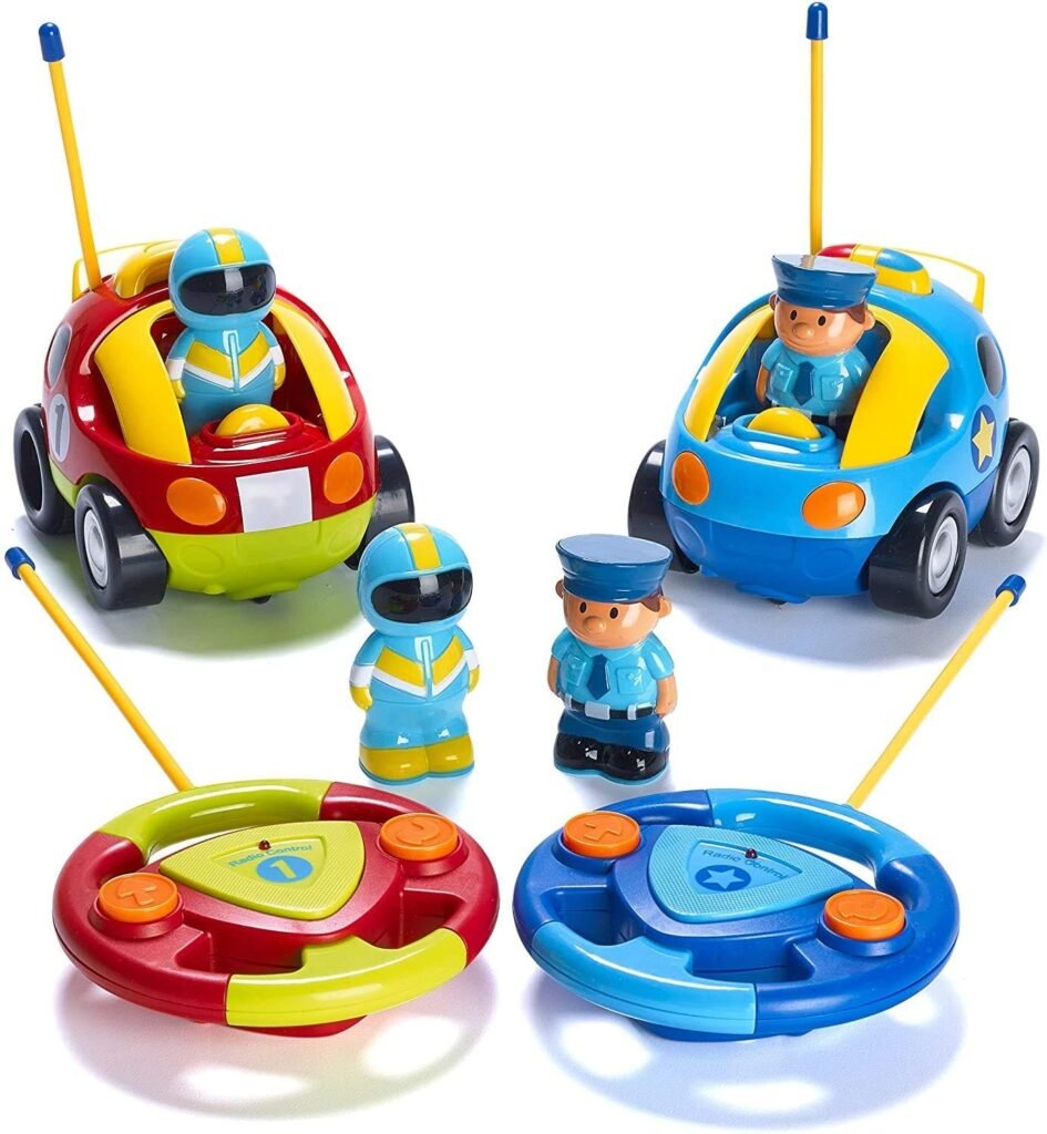 Prextex Remote Control Cars for Kids Age 3 and Up – 2-Pack Cartoon RC Car Police and Race Kids Toys – Realistic Sirens, Honking Sounds, and Flashing Headlights – Ideal Stocking Fillers for Toddlers