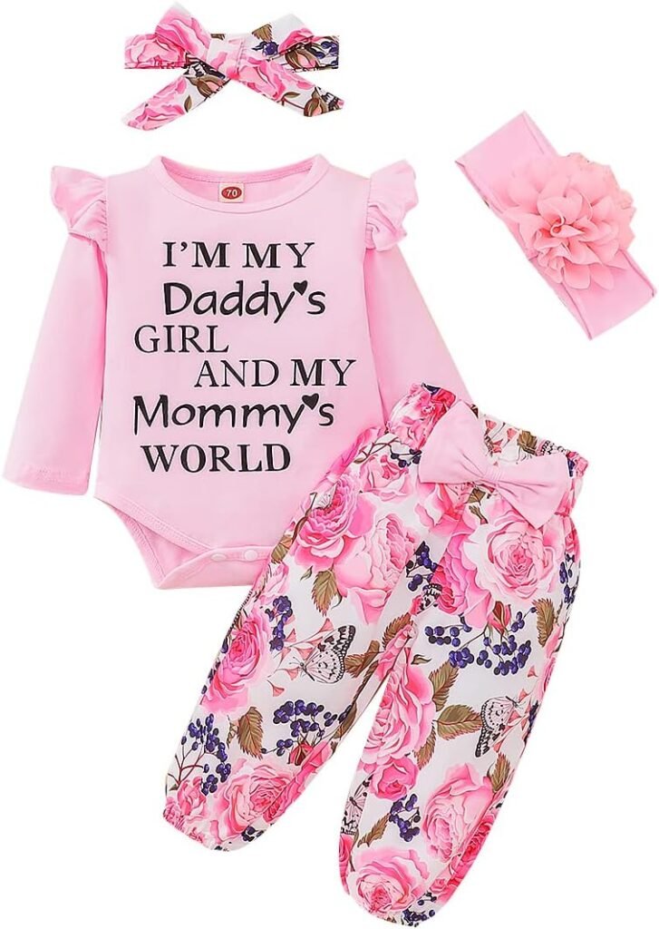 QUNERY Newborn Baby Girl Clothes Daddy’s Girls Long Sleeve Romper Tops Floral Pants Sets Headband Infant Girl Fall Outfits