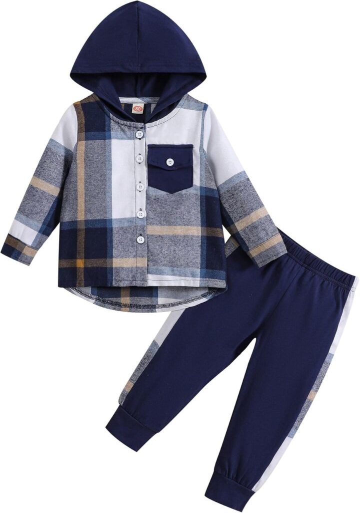 Qiraoxy Toddler Baby Boys Clothes Long Sleeve Hoodie Plaid Sweatsuit Tops + Sweatpants 2Pcs Little Boy Fall Winter Tracksuit Outfits Set