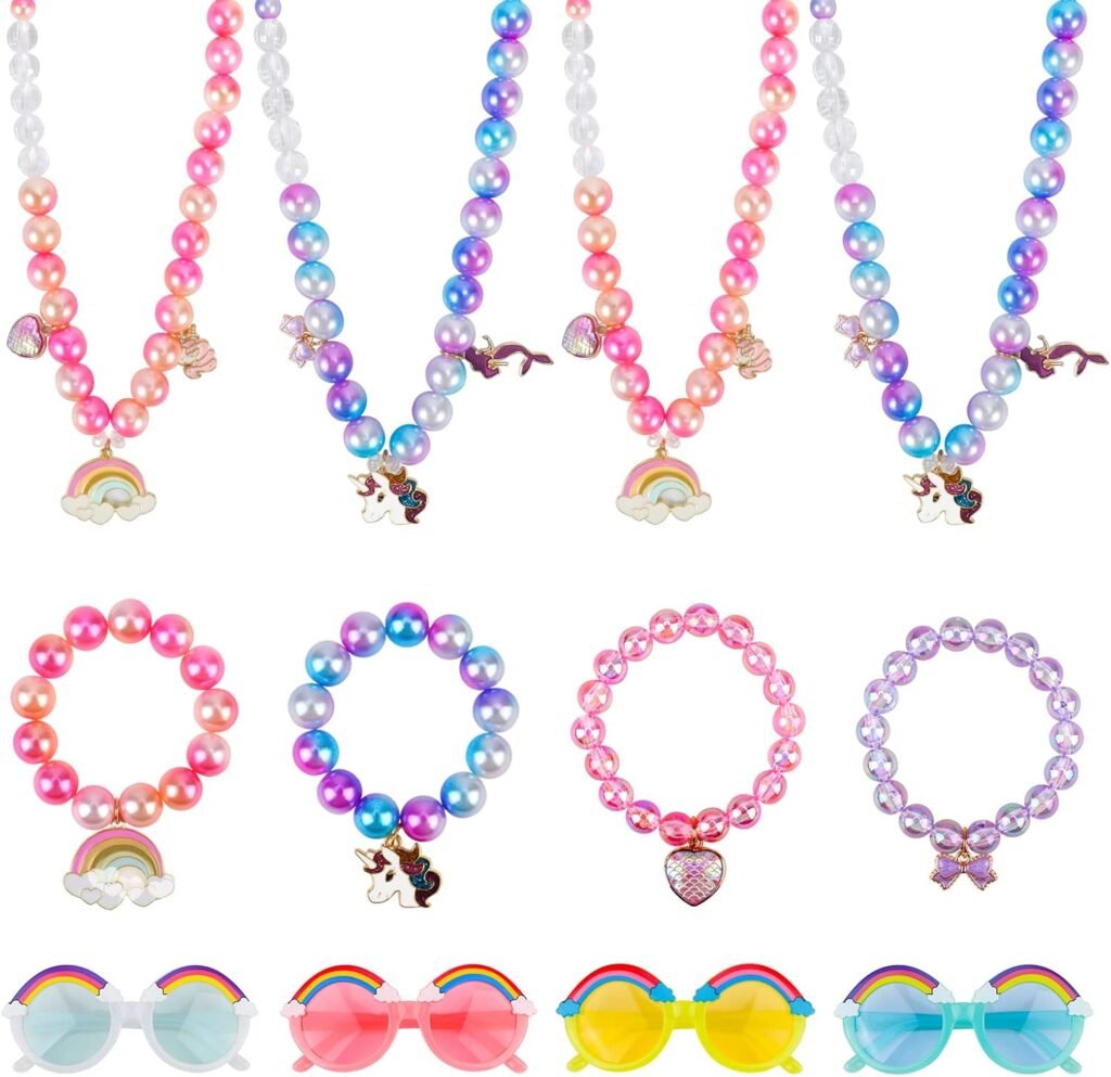 Qpout 12 PCS Little Girls Jewelry Sets, Toddler Jewelry Age 2-4, Kids Jewelry for Girls 4-6, Unicorn Rainbow Necklaces Bracelets And Kids Rainbow Glasses, Kids Girls Party Favors