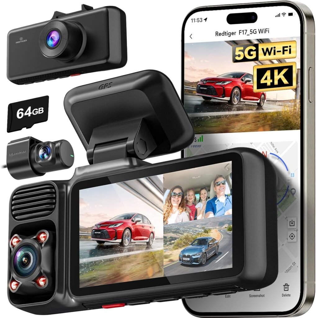 REDTIGER 4K 3 Channel Dash Cam 5G WiFi Built-in GPS, Included 64GB Card, 2160P+1080P+1080P Front and Rear Inside, Loop Recording, Triple Car Camera with 3 Inch Screen, IR Night Vision, Parking Mode