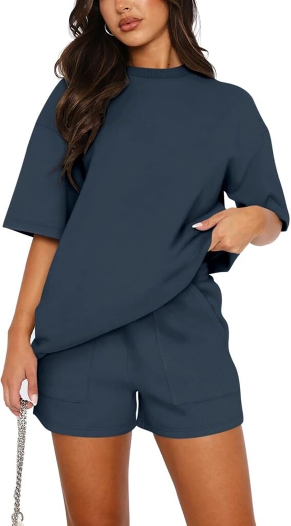 REORIA Women Cotton Short Sleeve Tracksuit Set Crew Neck Solid Color Shirt and Shorts with two Pockets two piece Outfit co ord Sets