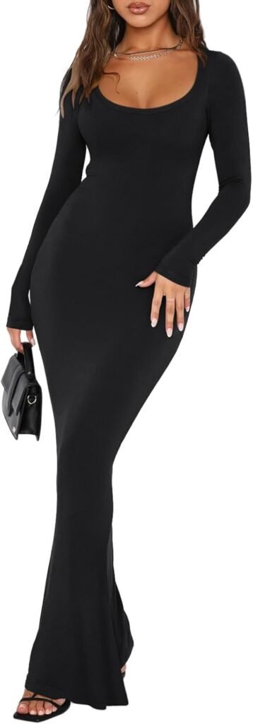REORIA Womens Sexy Square Neck Long Sleeve Soft Lounge Long Dress Fall Casual Ribbed Bodycon Maxi Dresses