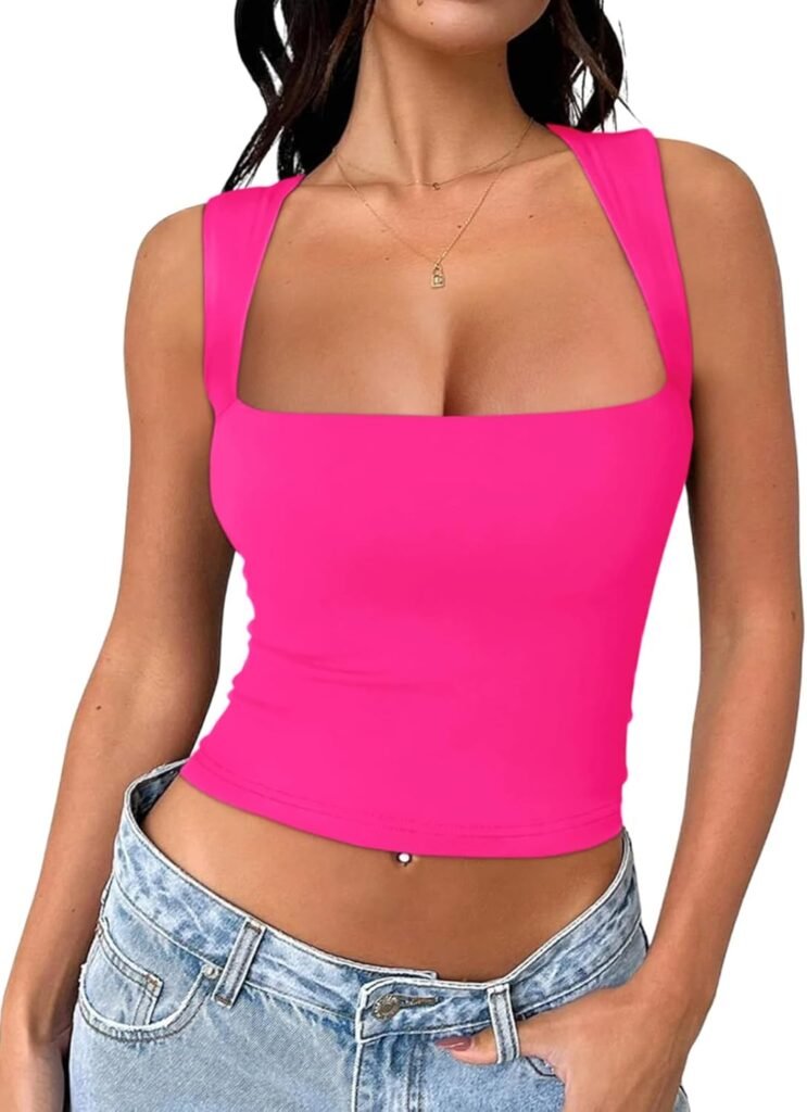 REORIA Women’s Square Neck Going Out Crop Tops Double Lined Cute Basic Tank Tops Trendy Clothes