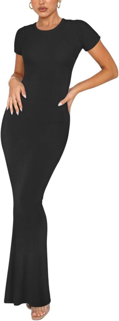 REORIA Women’s Summer Casual Lounge Long Dress Elegant Short Sleeve Crew Neck Bodycon Maxi Dresses