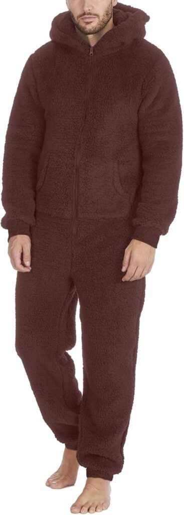RUMAOZIA Jumpsuit Teddy Fleece Men’s Onesie Overall Winter Pyjamas Flannel Sleepwear Plush Sleepwear with Hood and Zip Fleece One-Piece Cuddly Full Body Suit Warm Loungewear