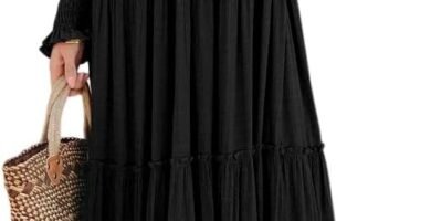 R.Vivimos Long Sleeve V Neck Maxi Dress for Women Smock Tiered Ruffle A Line Flowy Long Dresses