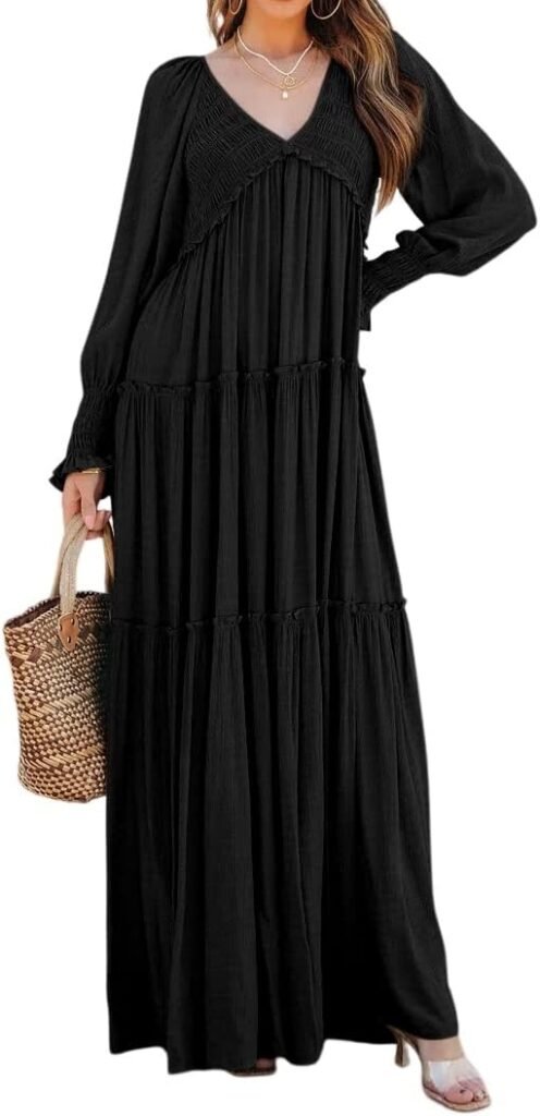 R.Vivimos Long Sleeve V Neck Maxi Dress for Women Smock Tiered Ruffle A Line Flowy Long Dresses