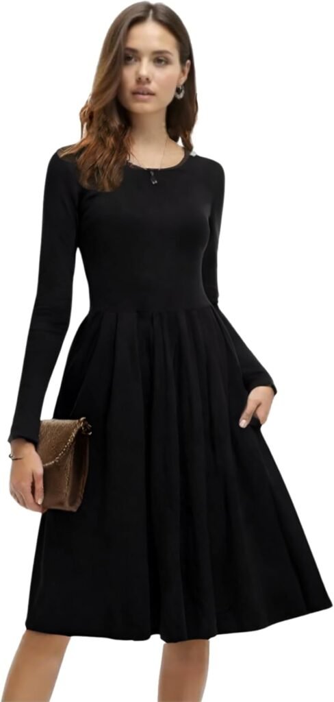Re Tech UK – Womens Stylish Long Sleeve Skater Swing Pleated Casual Dress with Pockets, Above The Knee, Ideal for Autumn Winter Dresses for Women, Perfect for Work, Plus