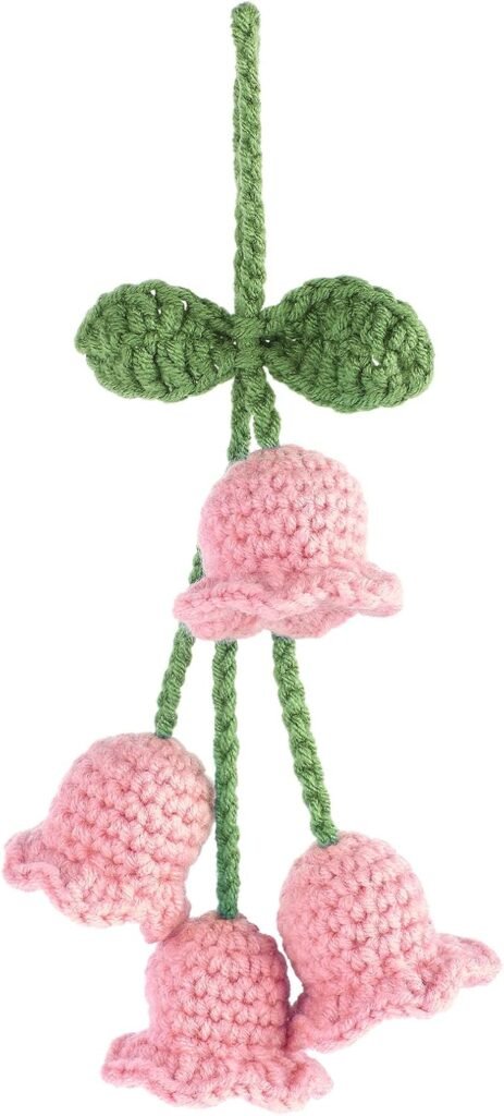Rear View Mirror Hanging Accessories, Cute Car Accessories for Women, Bellflower Hand Knitted Car Pendant, Mirror Hanging Accessories for Your Car (Pink)