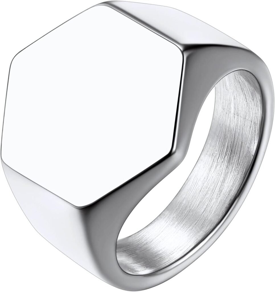 Richsteel Stainless Steel Chunky Hexagon Shape Signet Rings,Novelty Initial Letter/Photo Customizable, Finger Ring Jewellery, Size #O-#Z+3, Come with Gift Box
