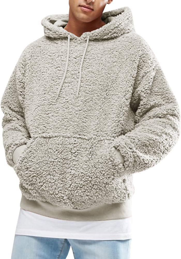 Runcati Mens Hoodie Fluffy Sherpa Hooded Jumper Fuzzy Plush Sweatshirt Teddy Fleece Kangaroo Pocket Winter Outwear