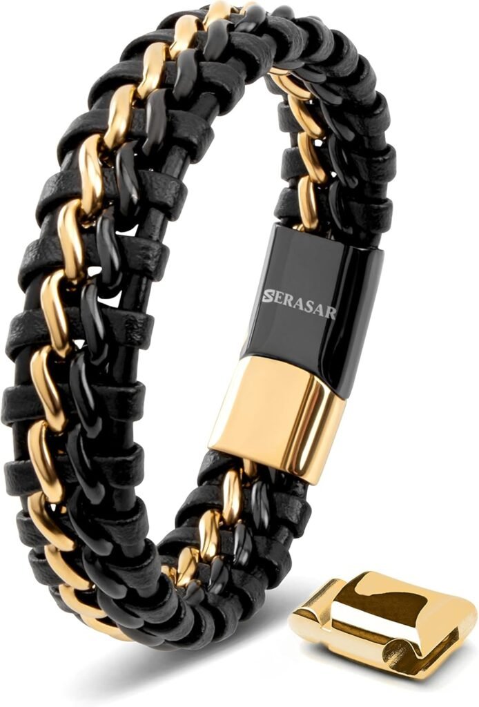 SERASAR | Premium Genuine Leather Bracelet for Men in Black | Magnetic Stainless Steel Clasp in Black, Silver and Gold | Inclusive Jewellery Box | Great Gift Idea SERASAR | Premium Genuine Leather Bracelet for Men in Black | Magnetic Stainless Steel Clasp in Black, Silver and Gold | Inclusive Jewellery Box | Great Gift Idea