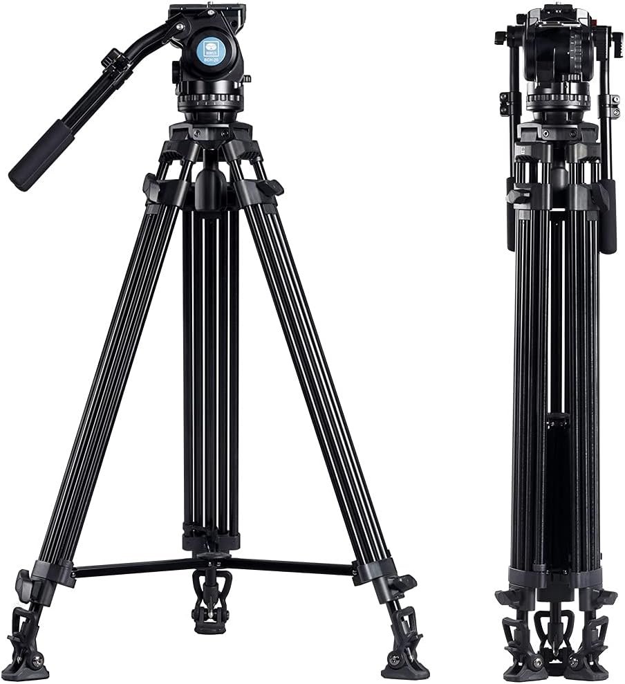 SIRUI Professional Video Camera Tripod Kit SH25T+BCH-20 with Fluid Head, Friction Control, Handle, Telescopic Handle, Mid-Level Spreader, Aluminum Tripod Kit, Max Height 68.9″, Large Load Capacity