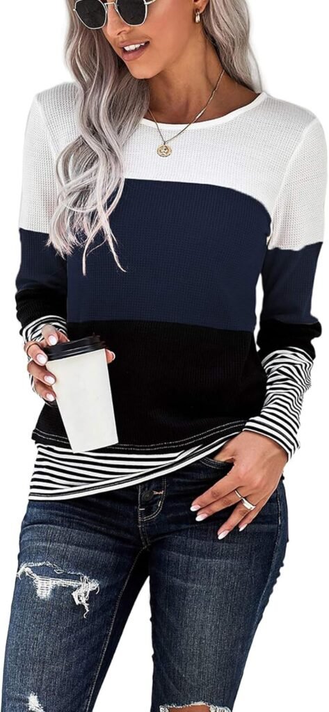 SMENG Ladies Long Sleeve Shirts Women Striped Crewneck Pullover Tunic Patchwork Tops