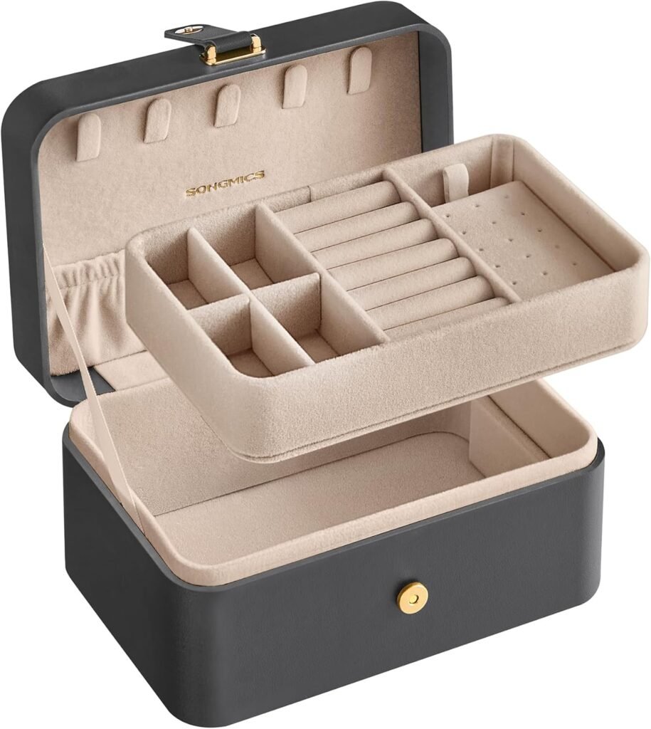 SONGMICS Jewellery Box, 2-Layer Jewellery Storage, 11 x 16 x 8 cm Travel Jewellery Box, Portable Jewellery Case, Small, Spacious, for Larger Accessories, Gift Idea, Slate Grey JBC166G01