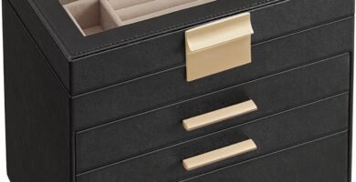 SONGMICS Jewellery Box with Glass Lid, 4-Tier Jewellery Organiser, 3 Drawers, for Sunglasses, Big Jewellery, Jewellery Storage, Modern Style, Graphite Black and Gold Colour JBC161B02 SONGMICS Jewellery Box with Glass Lid, 4-Tier Jewellery Organiser, 3 Drawers, for Sunglasses, Big Jewellery, Jewellery Storage, Modern Style, Graphite Black and Gold Colour JBC161B02