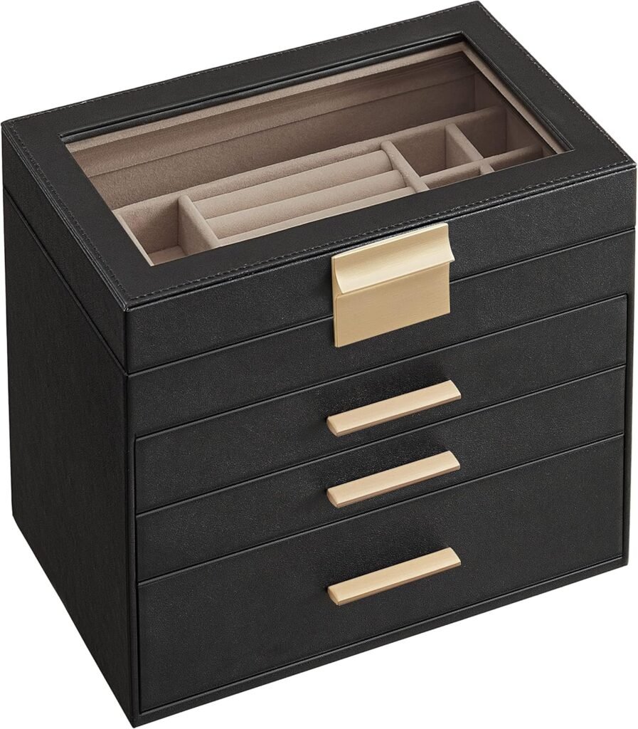 SONGMICS Jewellery Box with Glass Lid, 4-Tier Jewellery Organiser, 3 Drawers, for Sunglasses, Big Jewellery, Jewellery Storage, Modern Style, Graphite Black and Gold Colour JBC161B02