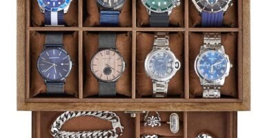 SONGMICS Watch Box with 8 Slots, 2-Tier Wood Watch Case with Large Glass Lid, Watch Pillows, Velvet Lining, Jewellery Box, Gift for Loved Ones, Rustic Walnut JOW008K01 SONGMICS Watch Box with 8 Slots, 2-Tier Wood Watch Case with Large Glass Lid, Watch Pillows, Velvet Lining, Jewellery Box, Gift for Loved Ones, Rustic Walnut JOW008K01