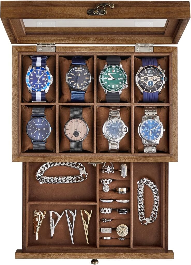 SONGMICS Watch Box with 8 Slots, 2-Tier Wood Watch Case with Large Glass Lid, Watch Pillows, Velvet Lining, Jewellery Box, Gift for Loved Ones, Rustic Walnut JOW008K01 SONGMICS Watch Box with 8 Slots, 2-Tier Wood Watch Case with Large Glass Lid, Watch Pillows, Velvet Lining, Jewellery Box, Gift for Loved Ones, Rustic Walnut JOW008K01