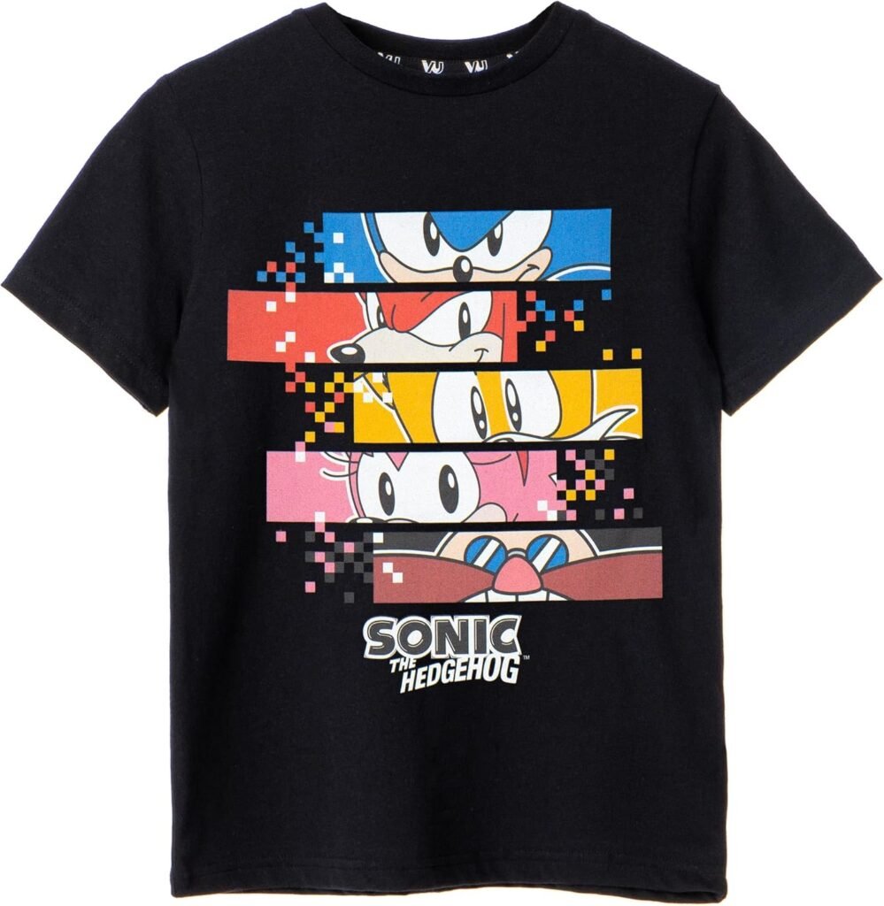 SONIC THE HEDGEHOG Boys T-Shirt | Pixels Character Gamer Graphic Tee | Sonic Knuckles Tails Amy Dr. Eggman Classic Logo | Game Top Merchandise Apparel Gift for Kids & Teens