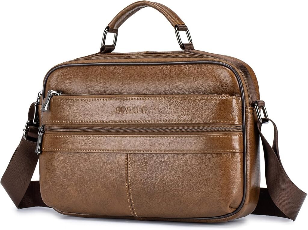 SPAHER Men Leather Shoulder Bags Messenger Business Bag Handbags Crossbody Satchel Sling Waterproof Travel Bag Daily Man Bag Gift with Adjustable Shoulder Strap for Ipad 9.7 Inch Brown