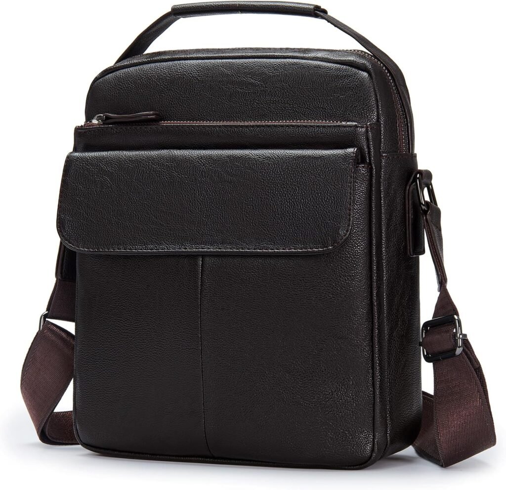 SPAHER Men Shoulder Bag PU Leather Handbag Messenger Business Bag Crossbody Satchel Sling Waterproof Travel Bag Daily Man Bag Gift with Adjustable Shoulder Strap for Ipad 11 Inch Brown