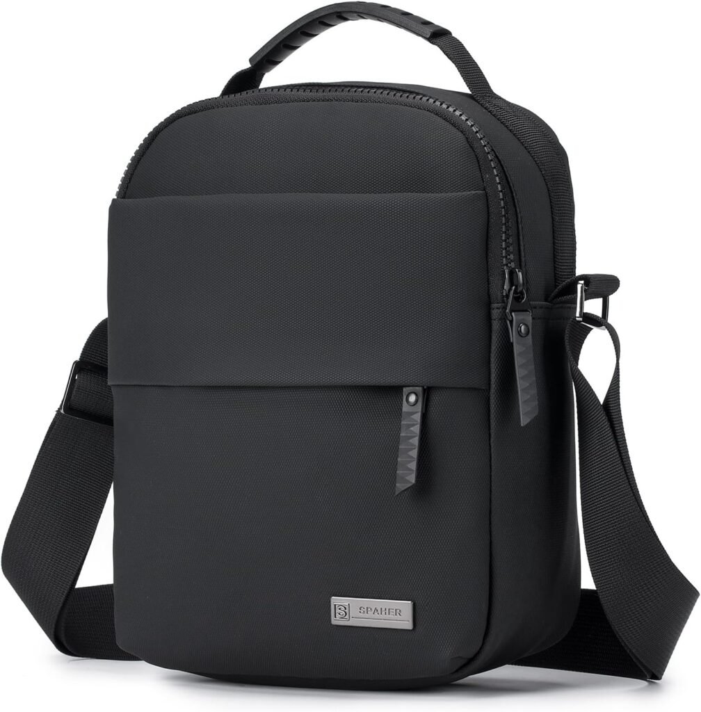 SPAHER Shoulder Bags Men Handbags Messenger Business Bag Crossbody Satchel Sling Waterproof Travel Bag Daily Man Bag Gift with Adjustable Shoulder Strap for Mini iPAD Black