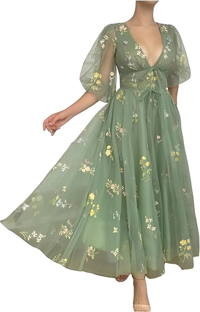 SWEMILE Women’s Puffy Sleeve Prom Dresses Fair Flower Embroidery Tulle Green Formal Evening Party Gowns
