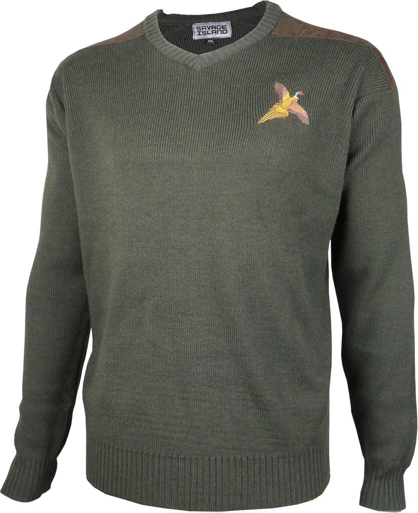Savage Island Pheasant Embroidered Shooting V Neck Wool Jumper