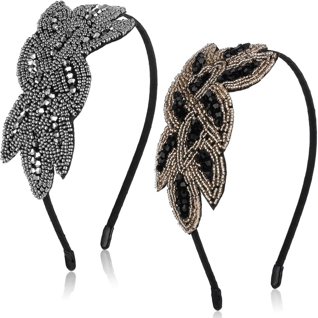 Sibba 2 Pieces Head Bands Women’s Headbands 1920s Hair Accessories Gold Rhinestones Black Silver Crystal Bridal Wedding Pins Lace Headpiece Jewelry Pieces Beaded Clip Art Deco