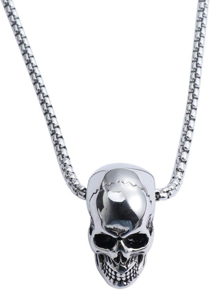 Skull Head Pendant Necklace Stainless Steel Gothic Punk Choker Chain for Men Jewelry (Silver)