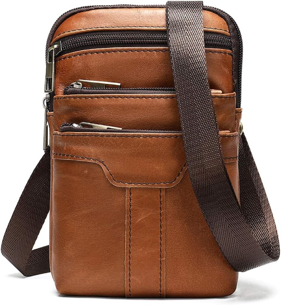 Small Shoulder Crossbody Bag Mens Leather, Mobile Phone Waist Bag Leather, Outdoor Sport Travel Leather Sling Chest Bag Cross Body Purse Messenger Bag Belt Clip Holster Wallet Belt Loop Waist Pouch